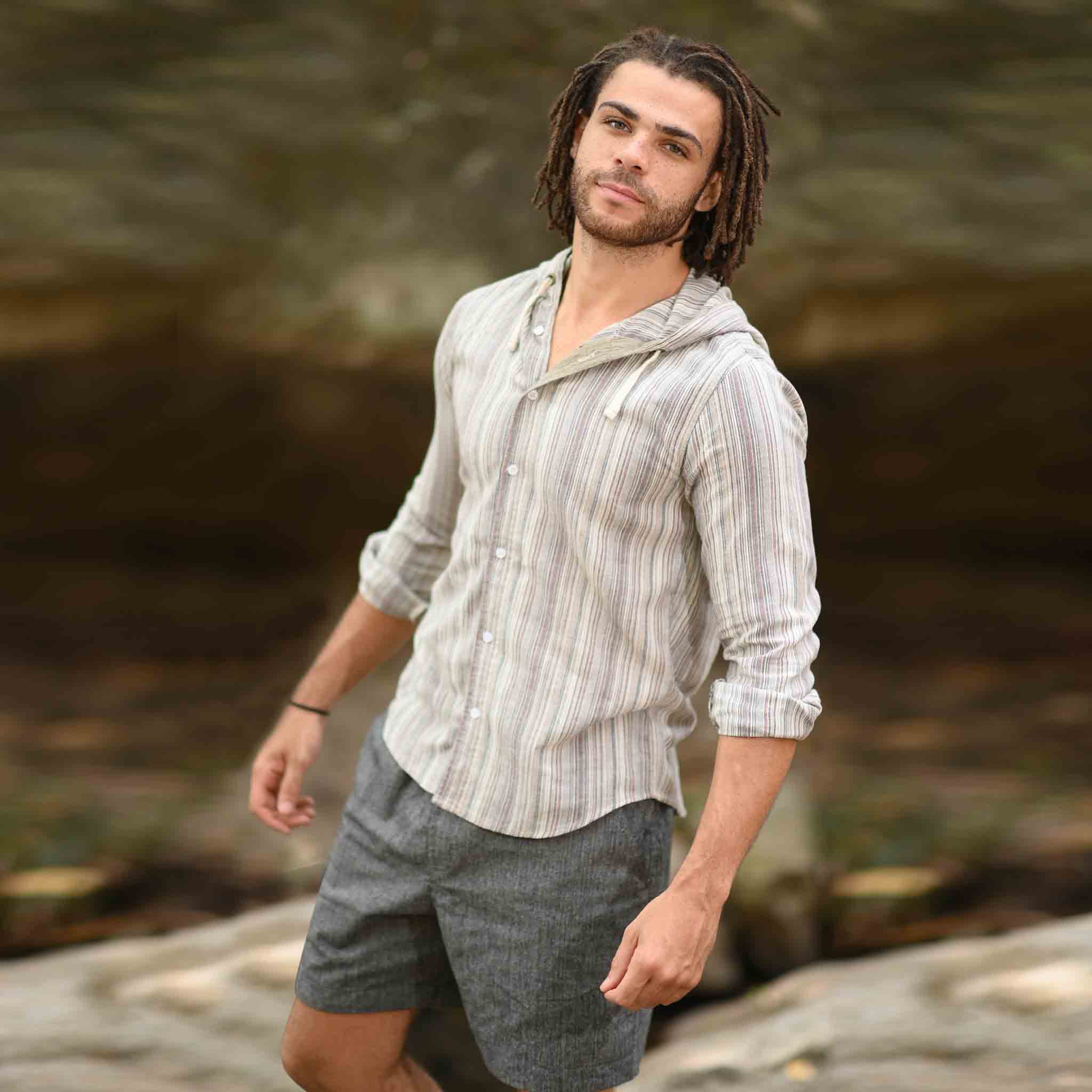 Shopoholic Camicia Hippy Con Cappuccio E Toppe Patchwork A Righe, Stile Nonno, Vestibilità Comoda, Taglie S-XXXL